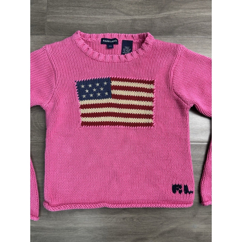 Vintage Polo Ralph Lauren USA Flag Pink Cotton Knit Pullover Sweater Size 6x Kid
